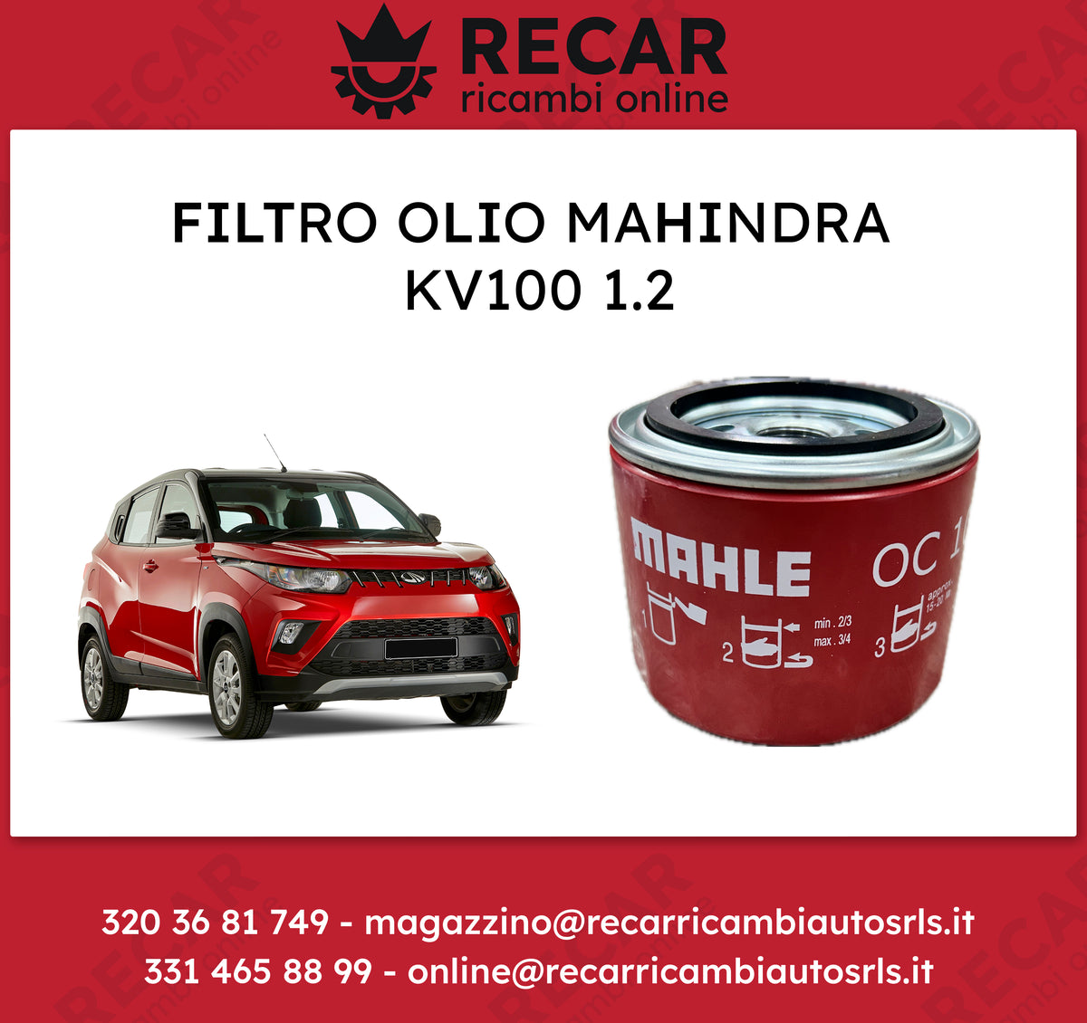 FILTRO OLIO MAHINDRA KV100 1.2 OC1071 0303BAU00110N 28MH002 – RECAR RICAMBI  AUTO SRL